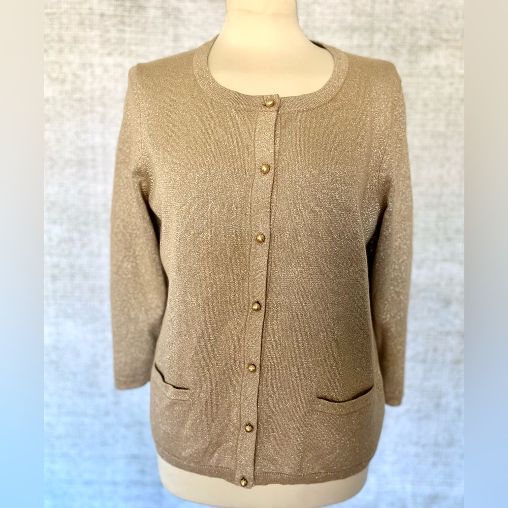NWT Talbots Metallic Gold round Neck Cardigan Sweater women’s Large Button Up